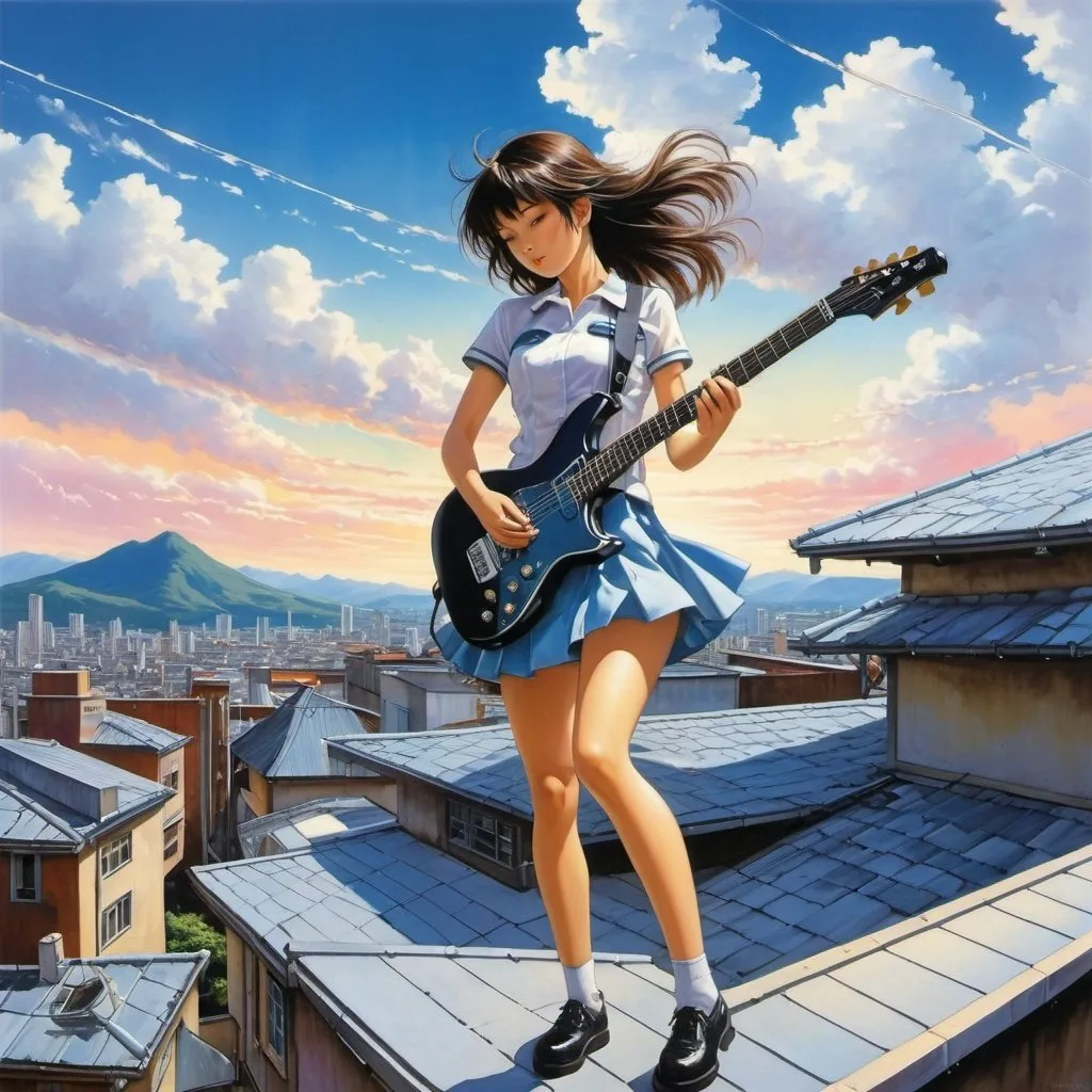 Prompt: Naoyuki Kato, Kelly Freas, Paul Bonner, Koyoharu Gotouge, Adolfo Hohenstein, Surrealism, wonder, strange, bizarre, fantasy, Sci-fi, detailed anime, dance of the music of life, nonlinear evolution, beautiful high school girl in a miniskirt playing an electric guitar on the roof, perfect voluminous body, detailed masterpiece 