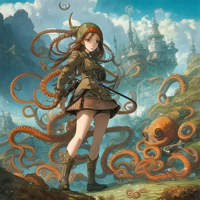 Prompt: Anton Pieck　animesque　wondrous　strange　Whimsical　Sci-Fi Fantasy　Cyborg miniskirt schoolgirl　Giant octopus　battle