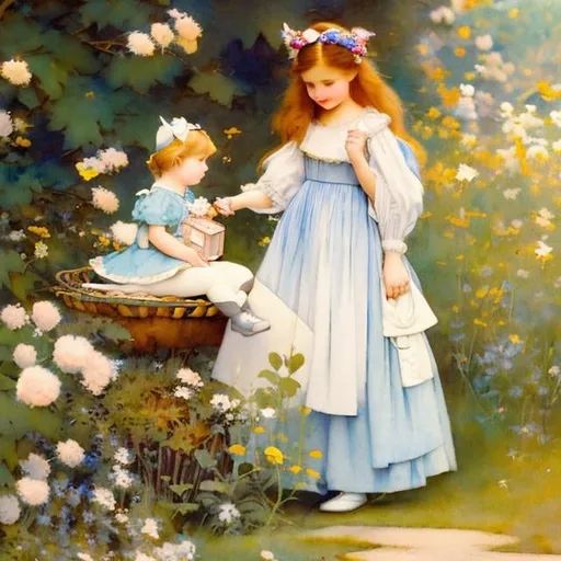 Prompt: Kate Greenaway,  Jessie Willcox Smith, Heikala, Alice in wonderland, hyper detailed, high resolution, high definition, high quality, masterpiece, Japanese anime, manga lines, realistic 
