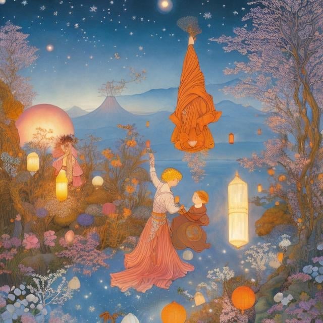 Prompt: Elsa Beskow, Margaret Tarrant, Japanese Anime Surreal Mysterious Bizarre Sci-fi Fantasy Fantasy Stalls Festival Lanterns Beautiful Kimono girl Galactic Sky School of Goldfish Swimming in the Air Bird's Eye View, hyperdetailed high resolution high definition high quality masterpiece
