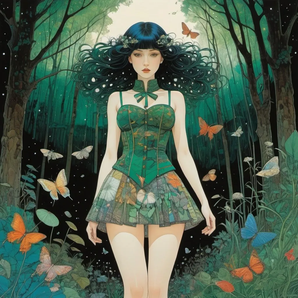 Prompt: Josan Gonzalez, Harry Clarke, Trini Tinturé, Rafael de Penagos, Shannon Bergin, Surrealism, wonder, strange, bizarre, fantasy, Sci-fi, Japanese anime, mini-skirt genius beauty naturalist with extensive exposition, perfect voluminous body, cosmology of the forest, fragments of dreams, detailed masterpiece 