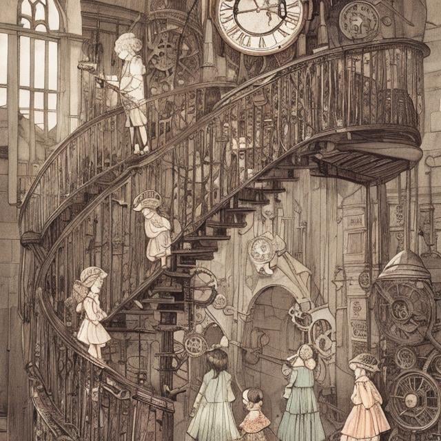 Prompt: Cicely Mary Barker, Margaret Tarrant, Virginia Frances Sterrett, inside clock tower, gears machines contraptions, girl walking up spiral stairs, hyper detailed, Japanese anime, manga lines, high quality high resolution high definition masterpiece , colour, realistic 