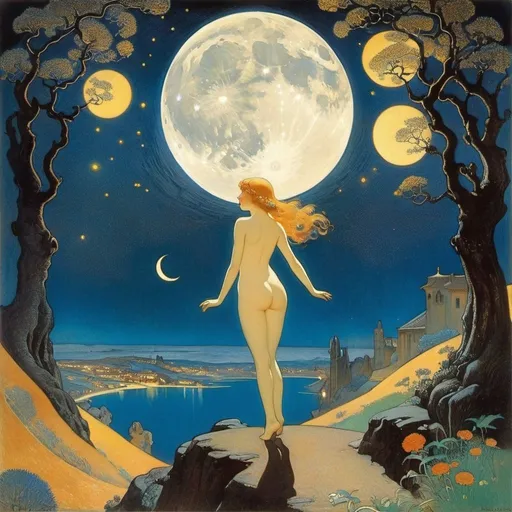 Prompt: Maurice Denis, Odilon Redon, Virgil Finlay, Virginia Frances Sterrett, Gustave Moreau, Surrealism Mysterious Weird Fantastic Fantasy Sci-Fi, Japanese Anime, Lost Darkness, Cycle of Darkness, Sense of the Night, Miniskirt Beautiful Girl Traveling Under the Stars and the Moon, perfect voluminous body, detailed masterpiece 