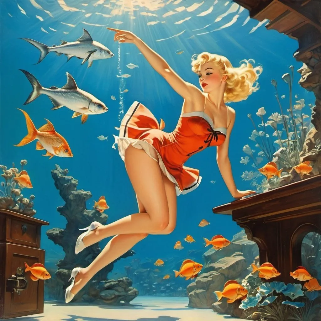 Prompt: Gil Elvgren, Frederick Smith, Walter Crane, Pawel Pawlak, Joanna Rusinek, Adam Kilian, Surrealism, wonder, strange, fantastical, fantasy, Sci-fi, Japanese anime, an aquarium just for Alice, a beautiful blonde miniskirt girl, diving, swimming, perfect voluminous body, picking up stars from the bottom, an basement in the sky, detailed masterpiece 