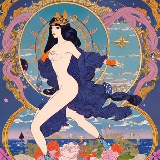 Prompt: Erte, Mabel Attwell, George Barbier, Japanese anime mysterious strange bizarre surreal sci-fi fantasy infinite theater, beautiful lady spirits of the four elements, tight once piece dress, unearthly beauty, compass, hyp high resolution high definition high quality masterpiece