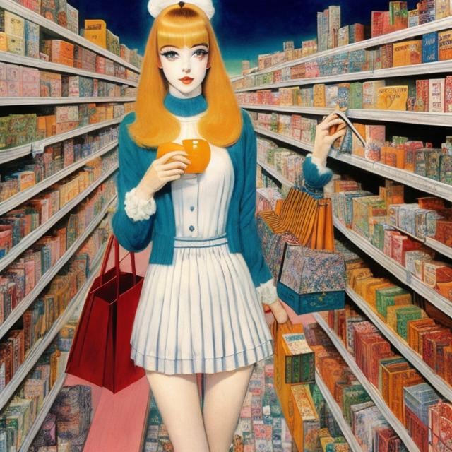 Prompt: James Ensor, Posy Simmonds, Surreal, mysterious, strange, fantastic, fantasy, Sci-fi, Japanese anime, cataloging the world, semiotics, the universe is one giant department store, beautiful blonde miniskirt girl Alice enjoying shopping, perfect voluminous body, detailed masterpiece 