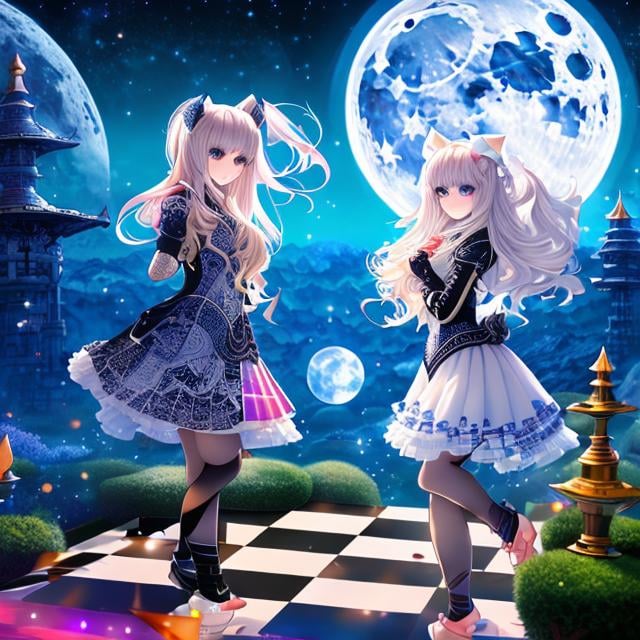 Prompt: Margaret Tarrant, Charles Doyle, Japanese Anime surreal fanciful wondrous strange Whimsical Sci-Fi Fantasy Chessboard under the moon Chess pieces of geometric solids Girl Alice, hyperdetailed high resolution high definition high quality masterpiece