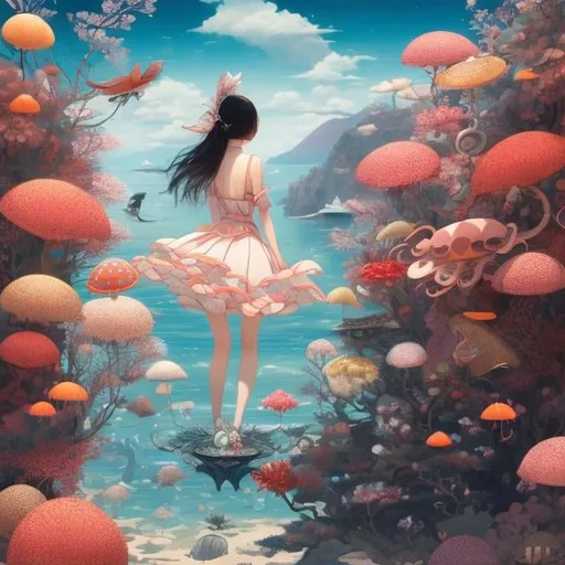 Prompt: Henriette Willebeek le Mair, Kenji Tsuruta, James Jean, Surreal, mysterious, bizarre, fantastical, fantasy, Sci-fi, Japanese anime, beautiful blonde girl Alice, welcoming bird of Diomedea island, Cephalos's love affair, autophagy of octopus, musical fishing of red flycatcher, cultural device called cafe, from the history of life on Earth to the systematization of astrobiology, detailed masterpiece, depth of field cinematic lighting 