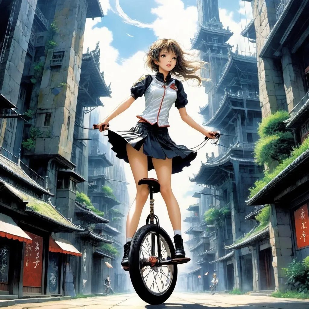 Prompt: Eliza Wheeler, Yoshitaka Amano, Surreal, mysterious, strange, fantastical, fantasy, Sci-fi, Japanese anime, miniskirt beautiful girl on a unicycle, perfect body, lost city, cracked diamond, detailed masterpiece 