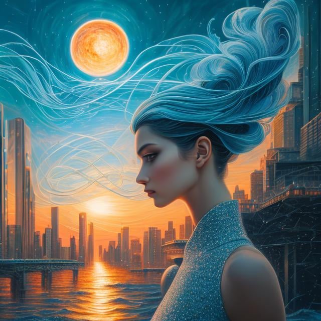 Prompt: Constance E. Rowlands, Surreal, mysterious, strange, fantastic, fantasy, Sci-fi, Japanese anime, from text to image, between literature and visual art, unraveling the magic of chromosomes, Manhattanhenge, spiral architecture, flowing lines of movement, beautiful girl, perfect voluminous body, detailed masterpiece 