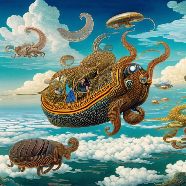 Prompt: Walter Crane,  Barbara Cooney, François-Louis Schmied, Japanese anime Sci-Fi Fantasy　country above the clouds　Ukishima　Beetle Taxi　Fish in the sea of clouds、octopuses、jellyfish　Little girl in a taxi Hyperdetailed high definition high resolution high quality masterpiece