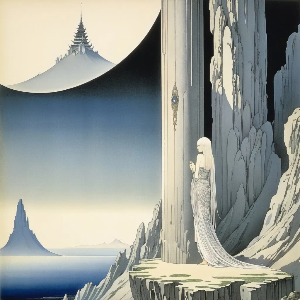 Prompt: Kay Nielsen, Wladyslaw Hasior, Surreal, mysterious, bizarre, fantastical, fantasy, Sci-fi, Japanese anime, stone monster, twisting pillar, monk's vision, miniskirt pilgrimage beautiful girl, perfect voluminous body, detailed masterpiece 