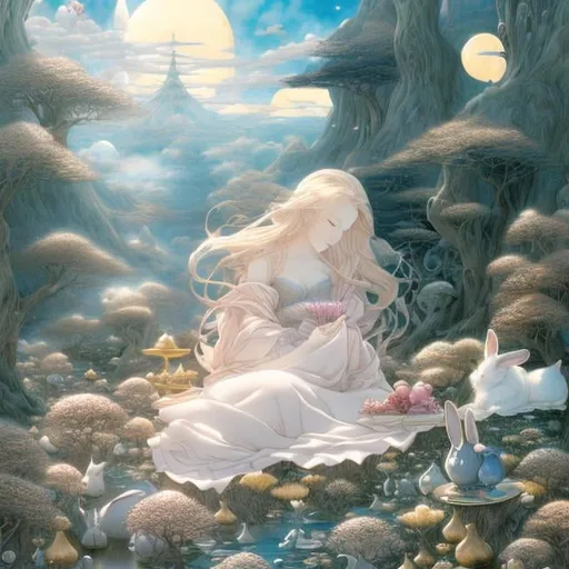 Prompt: Tamiki Wakaki, Rebecca Guay, Surreal, mysterious, bizarre, fantastical, fantasy, Sci-fi, Japanese anime, Alice in miniskirt blonde hair taking a nap, perfect voluminous body, picnic in another world, town floating in the air, rabbit and cat, hyper detailed masterpiece 