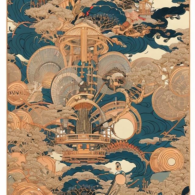 Prompt: Erte Ukiyo-e style　Anne Anderson Anime　wondrous　strange　Whimsical　Sci-Fi Fantasy　Music boxes are a dream device　screwdriver　gear wheel　structures　maintenance