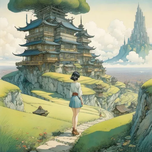 Prompt: Stephen Reid, Keiko Takemiya, James Jean, Anton Pieck, Warwick Goble, Surrealism, wonder, strange, bizarre, fantasy, Sci-fi, Japanese anime, grassland patchwork, architectural metaphor, futuristic city, miniskirt beautiful girl pilgrimage, perfect voluminous body, detailed masterpiece 