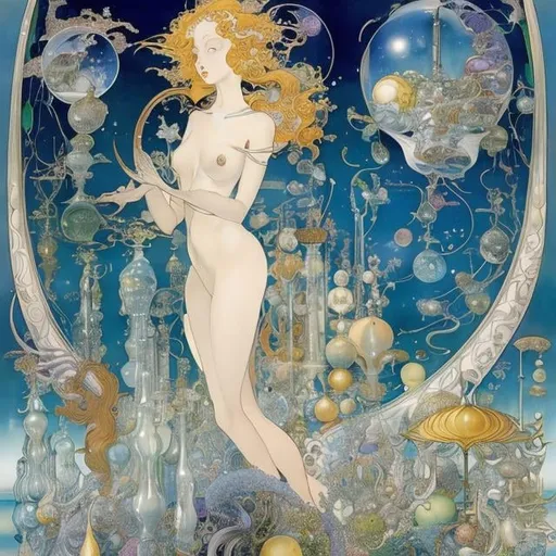 Prompt: Kay Nielsen, Michael Parkes, Gerda Wegener Japanese Anime Sci-Fi Fantasy　Solar system inside a glass jar　Girl with the glass bottle Hyperdetailed high definition high resolution high quality masterpiece