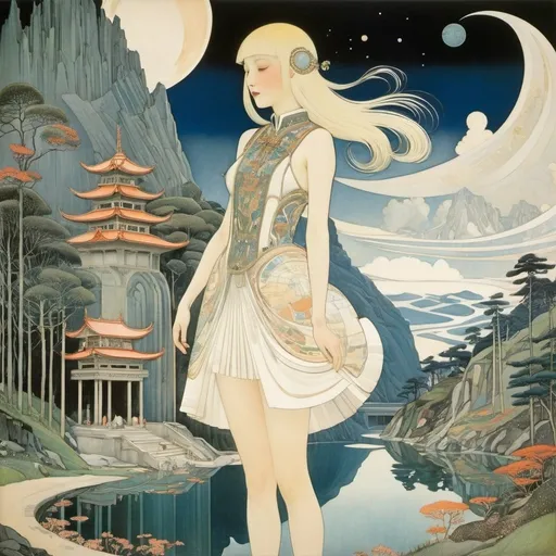 Prompt: Kay Nielsen, Maurice Denis, Jacek Malczewski, Eugene Ivanov, Kiichi Okamoto, Surrealism, wonder, strange, bizarre, fantasy, Sci-fi, Japanese anime, paper exploration, from the underground world to ancient ruins, to outer space, a miniskirt beautiful high school girl who creates a map, perfect voluminous body, detailed masterpiece 