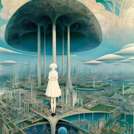 Prompt: Kay Nielsen, Rem Koolhaas, Surreal, mysterious, strange, fantastical, fantasy, Sci-fi, Japanese anime, Symbolist architecture, architectural drawings, perspective, perspective drawing, cross section, cosmology and the earth, miniskirt beautiful high school girl, perfect voluminous body, detailed masterpiece 