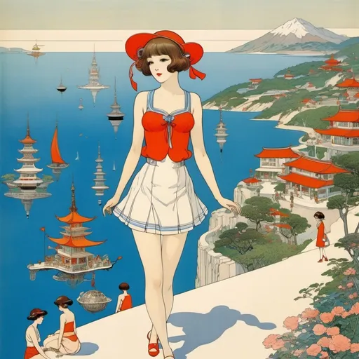 Prompt: Heath Robinson, George Barbier, Surreal, mysterious, strange, fantastical, fantasy, Sci-fi, Japanese anime, world cataloging project, exploration, voyage, discovery, the land of beautiful high school girls in miniskirts, perfect body tourism, detailed masterpiece 