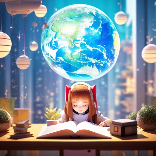 Prompt: Anne Anderson, Barbara Cooney, Japanese Anime Sci-fi Fantasy A girl sitting at a desk and reading a book Study room Floating books, cat, teapot, globe, stuffed bear, spaceship Three-dimensional composition