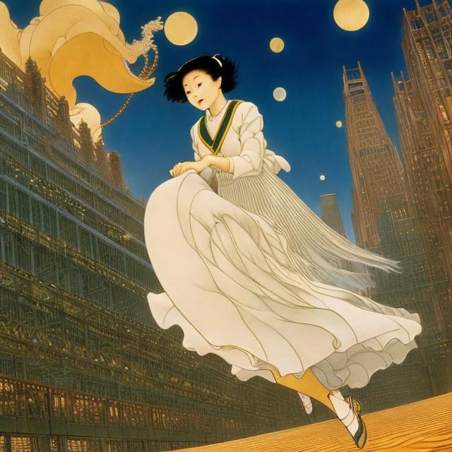 Prompt: Kenji Tsuruta, Winsor McCay, Mabel Attwell, Surreal, mysterious, strange, fantastical, fantasy, Sci-fi, Japanese anime, Wonderland of fools, sense of collapse, Newton, garden, painting, and literature are connected, beautiful girl in miniskirt running at full speed, perfect voluminous body, hyper detailed masterpiece high resolution definition quality, depth of field cinematic lighting 