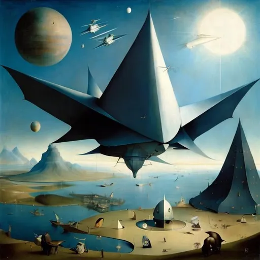 Prompt: Hieronymus Bosch, Gennady Spirin, Surreal, mysterious, strange, fantastical, fantasy, Sci-fi, Japanese anime, symbol of the heavens, origami spaceship, race to the moon, miniskirt beautiful girl, detailed masterpiece perspective angles 