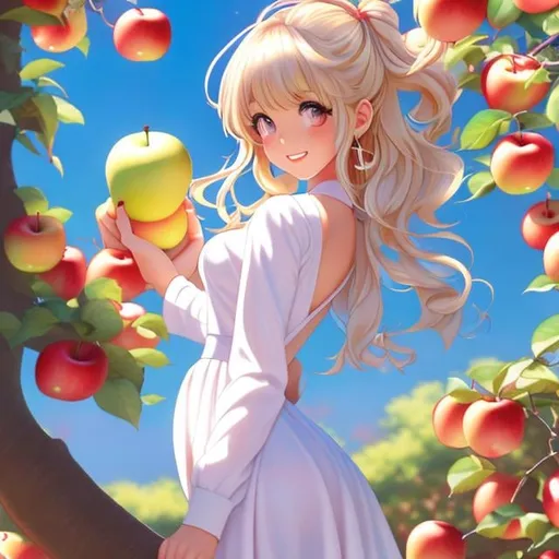 Prompt: Sydney Sime, Japanese anime, Katsuhiro Otomo, manga lines, Eve, solo girl, blonde hair innocent young looking beautiful face, perfect body tight dress, smiling, under apple Tree, holding an apple, huge snake, hyperdetailed, realistic, high resolution, high quality, high definition, masterpiece 