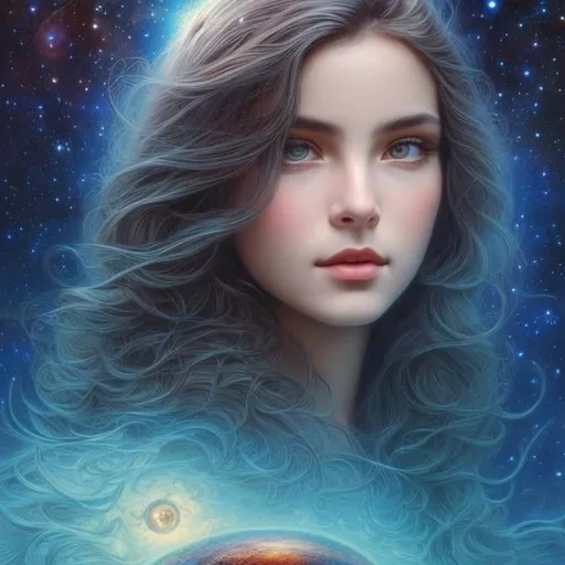 Prompt: Maurice Berty , Didier Graffet, Surreal, mysterious, bizarre, fantastical, fantasy, Sci-fi fantasy, the age of Gaia, the evolution of the earth's biosphere, everything is connected, the process of differentiation of the galaxy, solar system, and earth, beautiful girl from Earth, hyper detailed masterpiece, high definition resolution quality, depth of field cinematic lighting 