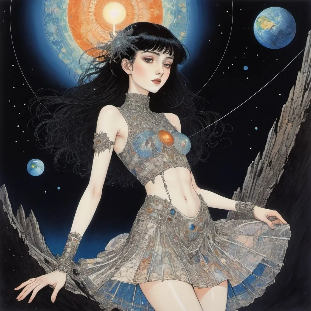 Prompt: Harry Clarke, Dharmali Patel, Eva Vagreti, Moto Hagio, Frank Pape, Surrealism, wonder, strange, bizarre, fantasy, Sci-fi, Japanese anime, light reaching this earth, searching for extra-system meteors using the method of simultaneous meteor observation, miniskirt astronomical beautiful girl, perfect voluminous body, detailed masterpiece angles low high perspectives 