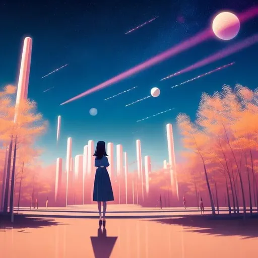 Prompt: Tatsuro Kiuchi, Hannes Bok, Surreal, mysterious, strange, fantastical, fantasy, Sci-fi, Japanese anime, drops and crystals of light from Vermilion Sands, shadow stepping play, dancing miniskirt beautiful girl, perfect voluminous body At the Astronomical Observation Plaza, detailed masterpiece perspectives 