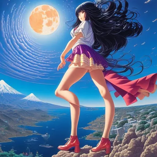 Prompt: Jean Giraud, Surreal, mysterious, strange, fantastical, fantasy, Sci-fi, Japanese anime, school route, miniskirt high school girl, giant moon, overhead view, detailed masterpiece 
