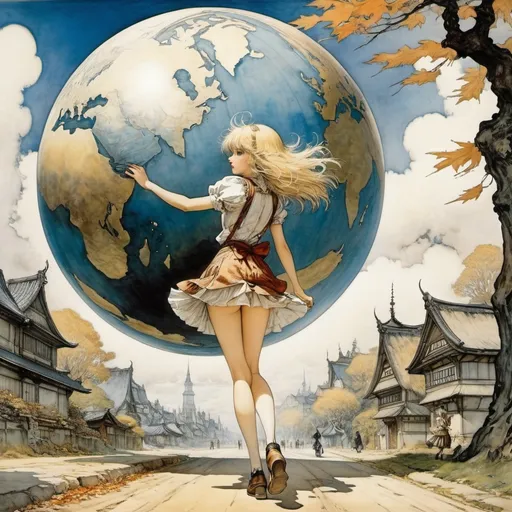 Prompt: Arthur Rackham, Zdenko Bašić, Dave Petzold, Heikala, Surrealism, wonder, strange, fantastical, fantasy, Sci-fi, Japanese anime, falling feathers, giant globe, beautiful blonde miniskirt girl Alice taking a walk, perfect voluminous body, detailed masterpiece 