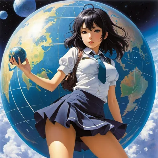 Prompt: Jack Gaughan, Nanae Haruno, Surreal, mysterious, strange, fantastical, fantasy, Sci-fi, Japanese anime, mechanical engineering of time and space, globe, miniskirt beautiful high school girl, perfect voluminous body, detailed masterpiece 