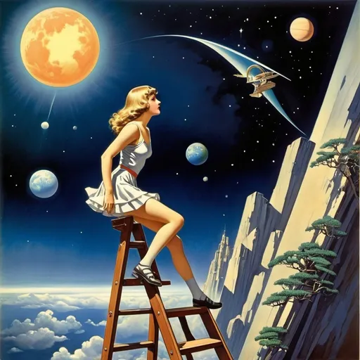 Prompt: Cecil Walton, Liam Sharp, A E Marty, Will H. Bradley, Virginia Frances Sterrett, Surrealism, strange, bizarre, fantastical, fantasy, Sci-fi, Japanese anime, utopia climbing on a ladder, beautiful high school girl in a miniskirt diving into consciousness, perfect voluminous body, circular movement of the planet, exile from the earth, detailed masterpiece 