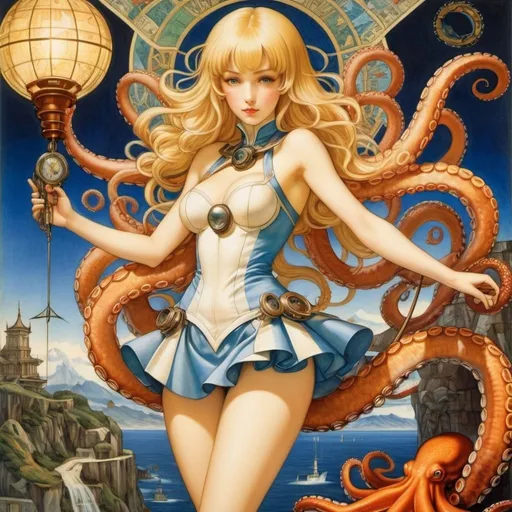 Prompt: Vittorio Giardino, Evelyn De Morgan, Phoebe Anna Traquair, Malcolm Smith, Surrealism Mysterious Weird Fantastic Fantasy Sci-Fi, Japanese Anime, Octopus, Map, and Blonde Miniskirt Beautiful Girl Alice, perfect voluminous body, Electric Transformer, detailed masterpiece 