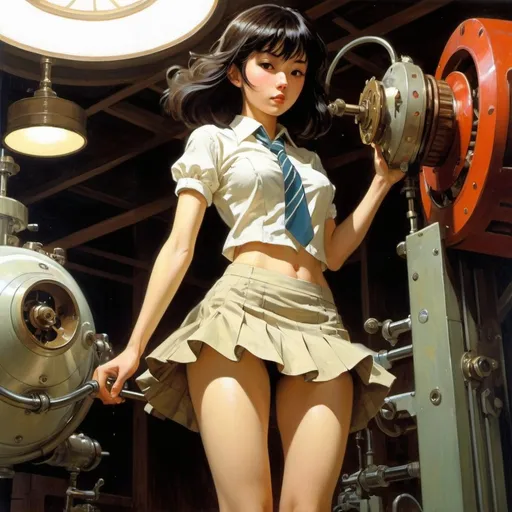 Prompt: Dean Cornwell, Keiko Takemiya, Valenti Castanys, Surreal, mysterious, strange, fantastical, fantasy, Sci-fi, Japanese anime, perpetual motion toy, stable rotating perpetual motion gadget, beautiful high school girl in miniskirt playing, perfect voluminous body, detailed masterpiece 
