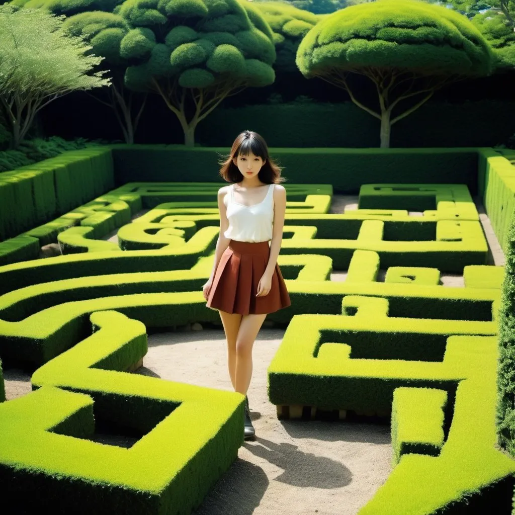 Prompt: Walter Humphrey, Wladyslaw Benda, Akio Watanabe, Yoshifumi Kondō, André Mare, Surrealism, wonder, strange, bizarre, fantasy, Sci-fi, Japanese anime, stone labyrinth and petroglyphs, flowerbed labyrinth and small shrub maze, topiary garden labyrinth or hedge maze, miniskirt beautiful adventurer, solo girl, perfect voluminous body, detailed masterpiece 