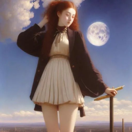 Prompt: Marianne Stokes Surreal, mysterious, bizarre, fantastic, fantasy, sci-fi, Japanese anime, moon and cream bread, wild grapes and pen, beautiful miniskirt high school girl, flying over a telephone pole, the other side of the dream, detailed masterpiece depth of field cinematic lighting 