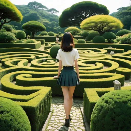 Prompt: Walter Humphrey, Wladyslaw Benda, Akio Watanabe, Yoshifumi Kondō, André Mare, Surrealism, wonder, strange, bizarre, fantasy, Sci-fi, Japanese anime, stone labyrinth and petroglyphs, flowerbed labyrinth and small shrub maze, topiary garden labyrinth or hedge maze, miniskirt beautiful adventurer, solo girl, perfect voluminous body, detailed masterpiece 