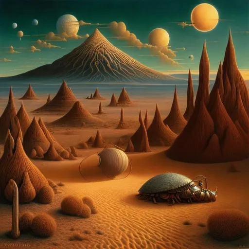Prompt: Johfra Bosschart, Kay Sage, Surreal, mysterious, strange, fantastical, fantasy, Sci-fi, Japanese anime, Desert Wheel, Swing Moon, Beetle, Characters who escaped from the novel, detailed masterpiece depth of field cinematic lighting 