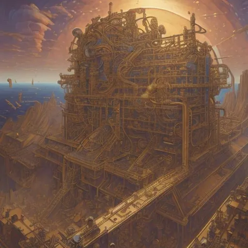 Prompt: Anton Brzezinsk, Jean Giraud, Thomas Crane, library of science, perpetual motion machine, blonde girl, babel, hyperdetailed high resolution high definition high quality masterpiece 