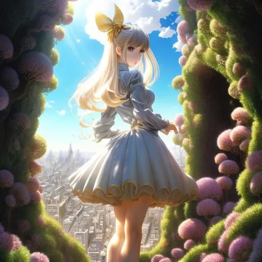 Prompt: Yusuke Murata, Olivier Ledroit, Surreal, mysterious, strange, fantastical, fantasy, Sci-fi, Japanese anime, spherical maze, looking out from inside, blonde miniskirt beautiful girl Alice, perfect voluminous body, detailed masterpiece perspectives 