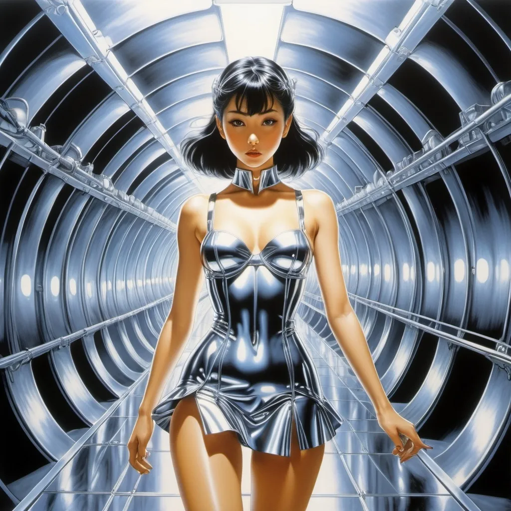 Prompt: Hajime Sorayama, Naoyuki Kato, Thomas Crane, Eleanor Vere Boyle, Pierre Roy,  Surrealism, Mysterious, Weird, Outlandish, Fantasy, Sci-fi, Japanese Anime, My home is on the edge of the field of Helusion, The miniskirt princess who loves the night, Mysterious shell tunnel, The unification of electricity and magnetism, detailed masterpiece 