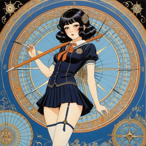 Prompt: George Barbier, Shigeru Tamura, Surreal, mysterious, strange, fantastical, fantasy, Sci-fi, Japanese anime, compasses, scissors, canvas, triangle ruler, mechanical pencil, miniskirt beautiful high school girl, perfect voluminous body, detailed masterpiece 