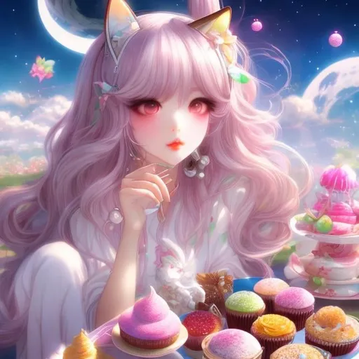 Prompt: Basia Tran, Japanese Anime, Surreal Mysterious Weird Fantastic Fantasy Sci-Fi, Cafe, Moon Eating Parfait, The Moon also likes sweets, detailed, high resolution definition best quality masterpiece 