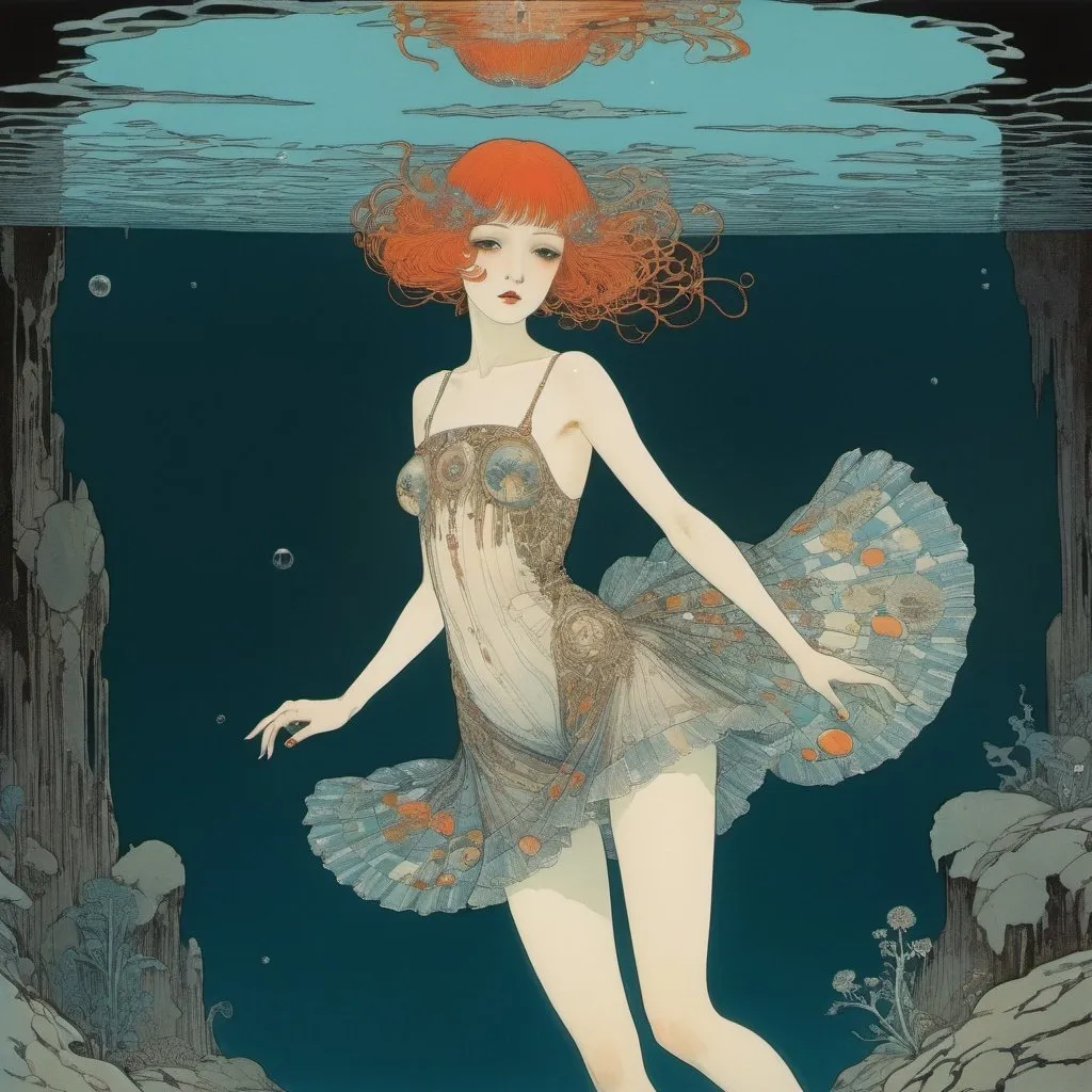 Prompt: Harry Clarke, Yu Watase, George Barbier, Surreal natural history, mysterious, bizarre, fantastical, fantasy, sci-fi, Japanese anime, Mars sinking to the bottom of the pool, beautiful girl in a miniskirt walking underwater, perfect voluminous body, wet skin glistening, detailed masterpiece 