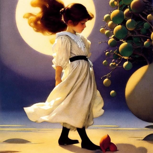 Prompt: Jessie Willcox Smith, M C Escher colour, Surreal, mysterious, strange, fantastical, fantasy, Sci-fi, Japanese anime, pretty and innocent miniskirt fighting girl, perfect voluminous body, Moe, beyond time and space, a piece of the moon, detailed masterpiece depth of field cinematic lighting 