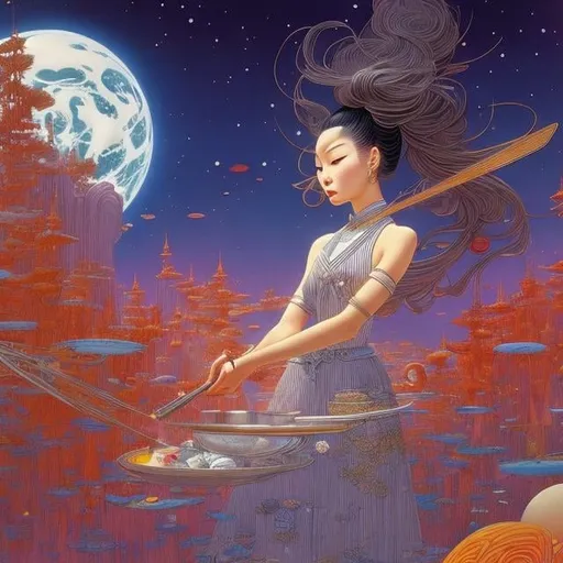 Prompt: Jean Giraud, Charles Robinson, Takeo Takei, Surreal, mysterious, strange, fantastic, fantasy, Sci-fi, Japanese anime, cooking is like magic, delicious food is happiness, beautiful girl chef, detailed masterpiece 