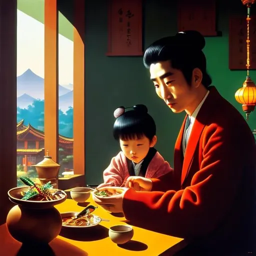 Prompt: Umberto Brunelleschi, Yoshitoki Ōima, Surreal, mysterious, strange, fantastical, fantasy, Sci-fi, Japanese anime, Christmas Eve, father and son eating pho noodles at a Vietnamese restaurant, curious about the beautiful girl in the table over there, snow, detailed masterpiece 