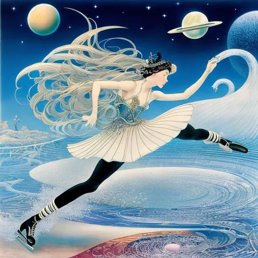 Prompt: Windsor McKay, Kay Nielsen, Katsuya Terada, Surreal, mysterious, bizarre, fantastic, fantasy, Sci-fi, Japanese anime, Saturn's rings are a skating rink, a beautiful girl in a miniskirt enjoys skating, triple axel, dancing in the air, dynamism, asteroid belt, detailed masterpiece 